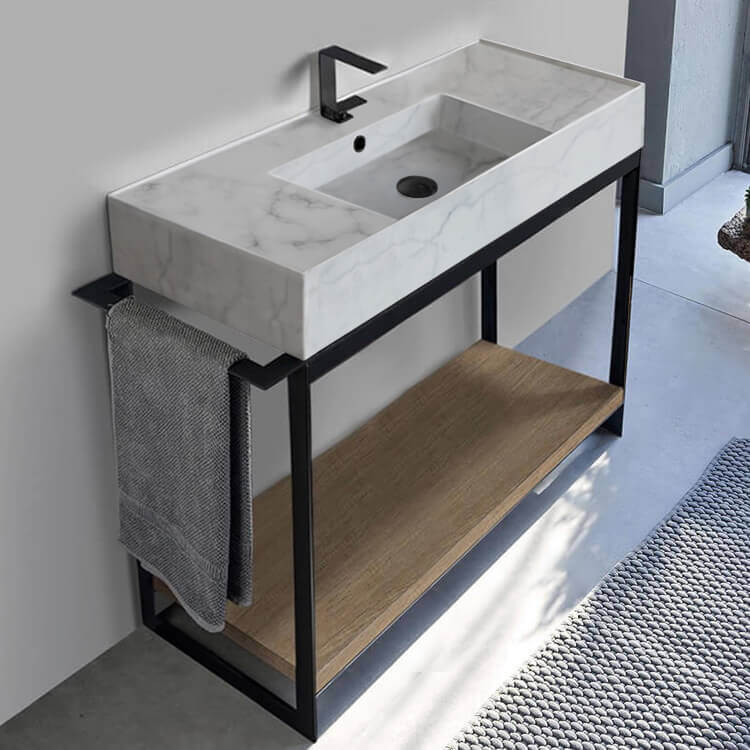 Scarabeo 5124-F-SOL2-89-One Hole Console Sink Vanity With Marble Design Ceramic Sink and Natural Brown Oak Shelf